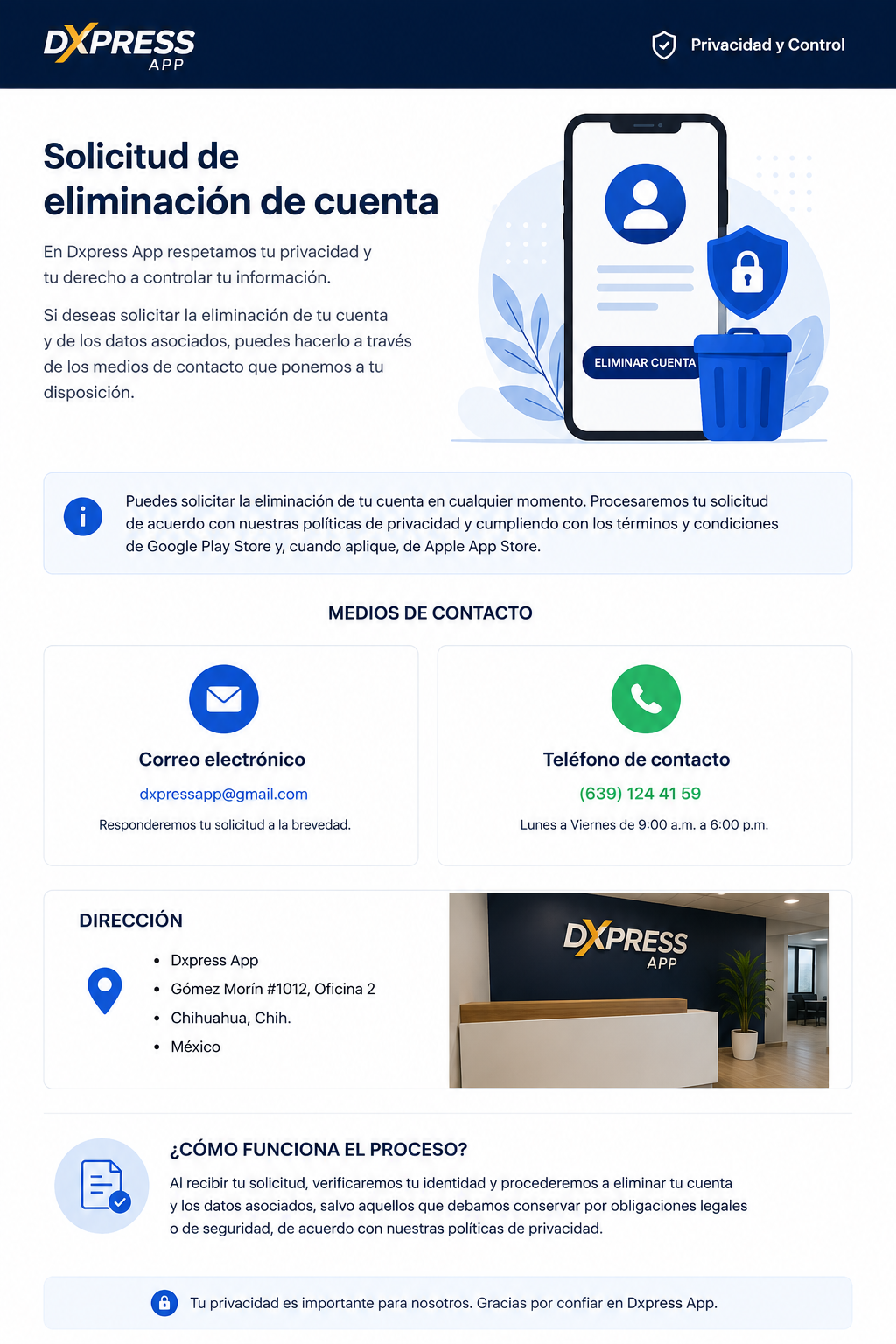 Representación visual de la eliminación de cuenta y protección de datos en Dxpress App